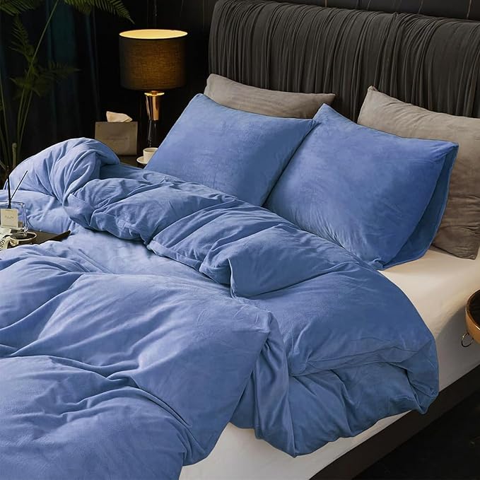 Ivellow Velvet Duvet Cover Queen Set Blue Comforter Cover 3Pcs Ultra Soft Cover Breathable Solid Luxury Flannel Velour Duvet Cover Zipper Closure Corner Tie