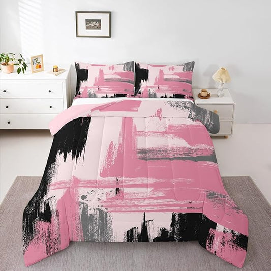 Erosebridal Girls Pink King Comforter Set Girly Abstract Pink and Black Comforter Set for Kids Teens Women Geometric Modern Bedding Sets Minimalists Striped Art Bed Sets for Adults Boys Men