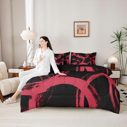 Erosebridal Black and Red 7 Piece Comforter Set Twin Abstract Line Ink Painting Bedding Set for Kids Boys Girls Simple Minimalist Graffiti Art Modern Geometric Sheet Set Boho Cool Unique Mens Quilt