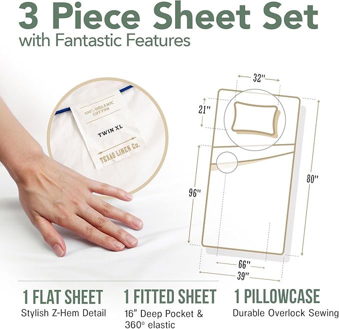TEXAS LINEN CO. 100% Organic Cotton Printed Sheets Twin XL Size - 3 PC Organic Cotton Percale Sheets Twin XL (Variegated Stripe), Cooling Sheet for Dorm Room, 16" Deep Pocket - GOTS Certified