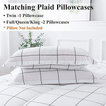 Andency White Grid Comforter Set Full(79x90Inch), 3 Pieces (1 Plaid Comforter and 2 Pillowcases) White Plaid Comforter Set, Lightweight Polyester Gingham Geometric Comforter Bedding Set