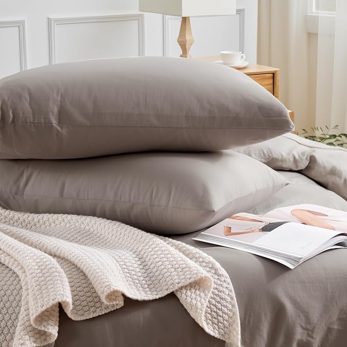 NEXHOME PRO Duvet Cover Set 100% Washed Cotton Super King 108"x98", Organic Natural Linen Look Textured 3 Pieces Bedding Set Warm Linen Grey with Zipper Closure, Breathable and Soft (No Comforter)