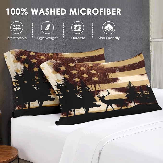 7 Pcs Queen Size Comforter Set with 2 Pillowcases & 2 Shams, Retro Hunting Deer Bedding for Kids and Adults, American Flag Animal Bed in a Bag with Flat Fitted Sheet