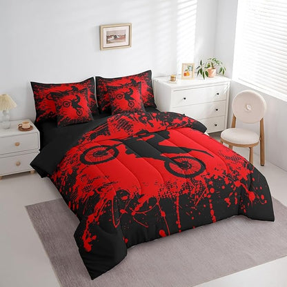 Erosebridal Motocross Bed in a Bag Queen Comforter Set 7 Piece,Motorcycle Dirt Bike Bedding Sets Motorbike Race Car Sheet Set with Comforter