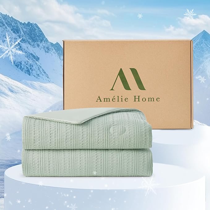 Amélie Home Waffle Cooling Comforter King Size, Q-Max 0.45 Reversible Lightweight Cooling Blanket for Hot Sleepers, Breathable Bedding for Night Sweats, 106"x90", Sage Green