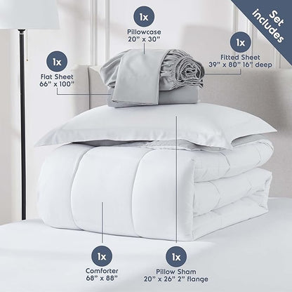 Nestl 5 Piece Twin XL Comforter Set – White Reversible Bed in a Bag – Complete Twin XL Size Bedding Set with Sheets, Pillowcase and Sham