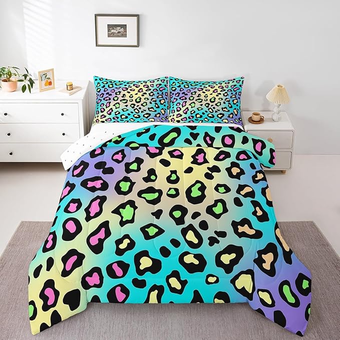 Feelyou Leapord Comforter Set Full Size Leopard Print Comforter for Boys Girls Teens Cheetah Print Bedding Set Morden Duvet Set Room Decor Pale Blue Quilt Set
