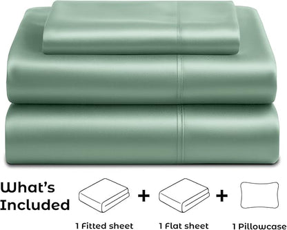 Pure Bedding Satin Sheets Twin [3-Piece, Champagne Green] Hotel Luxury Silky Bed Sheets - Extra Soft 1800 Microfiber Sheet Set, Wrinkle, Fade, Deep Pocket Fitted Sheet, Flat Sheet, Pillow Cases