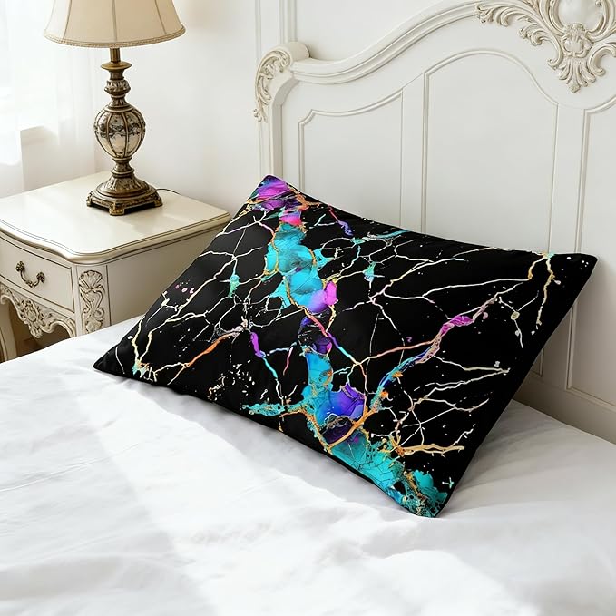 Black Comforter Set King Size, Abstract Marble Bedding Sets with Neon Gardient Texture, 3Pcs Soft Microfiber Quilted Comforter for All Season, 104"x90"
