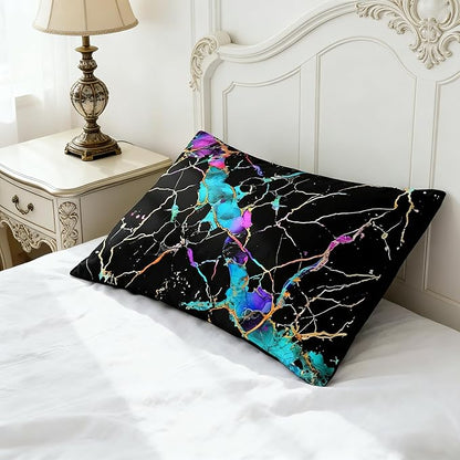 Black Comforter Set King Size, Abstract Marble Bedding Sets with Neon Gardient Texture, 3Pcs Soft Microfiber Quilted Comforter for All Season, 104"x90"