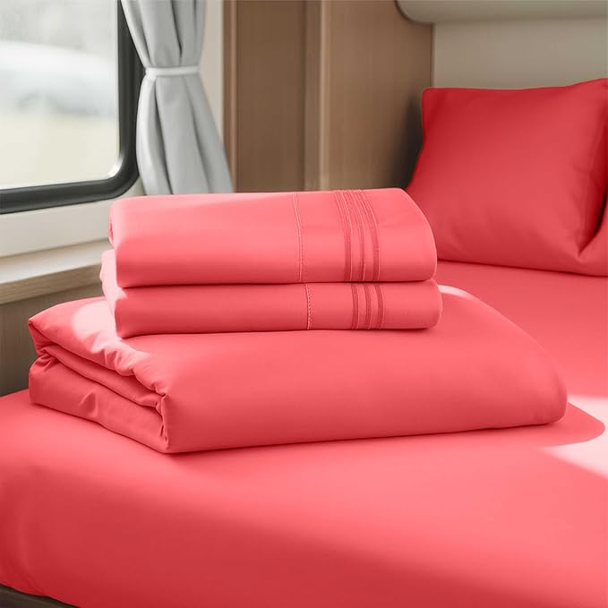 Clara Clark RV Queen Sheets, 6 Piece RV Sheets Set - Hotel Luxury Sheets for RV Bunks, Super Soft Bedding Set, Short Queen,Coral Pink