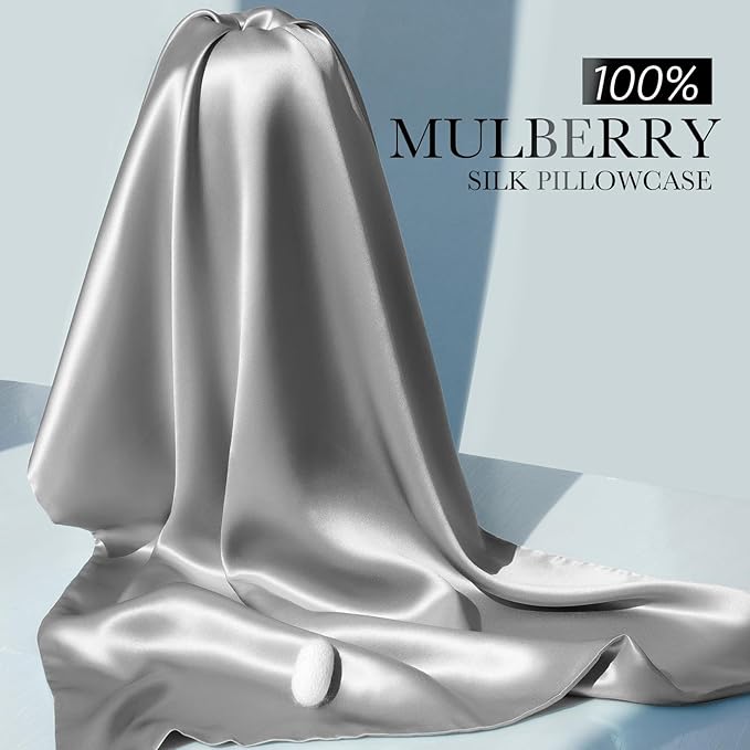 100% Mulberry Silk Pillowcase for Hair and Skin, 22 Momme Pure Natural Silk Pillow Case Both Sided with Zipper, Pillow Cover for Women Mom Men (Silver Grey, Standard 20''×26'', 2 Pack)