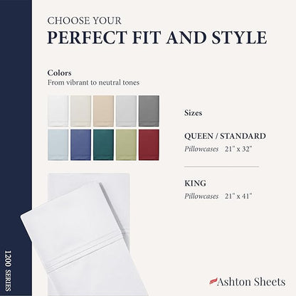 Ashton Sheets 100% Egyptian Cotton Pillow Cases King Size Set of 2 - Luxury 1200 Thread Count King Size Pillow Cases (White), Extra Soft, Cooling Sateen Weave Large Hotel Collection Pillowcases