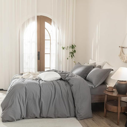 Dark Grey Duvet Cover King Size Bedding Set Cover 100% Washed Cotton Duvet Cover with Zipper Closure and 2 Pillowcases, 104inch x 90inch