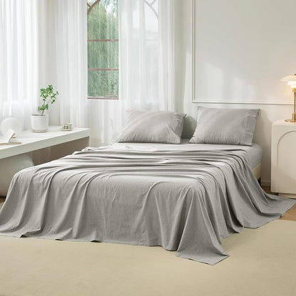 JIYUAN Queen Size Sheet Set, 4-Piece - 100% Washed Cotton, Linen-Like Soft & Breathable, Includes Deep Pocket Fitted & Flat Sheet with 2 Pillowcases, Hotel Quality, Heathered Pastel Grey