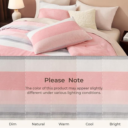 Litanika Fluffy Fleece Queen Comforter Set, Luxury Soft Plush Fuzzy Blush Stripe Bedding Comforter Sets, Warm Shaggy Faux Fur Bed Set All Season (1 Comforter, 2 Pillowcases)