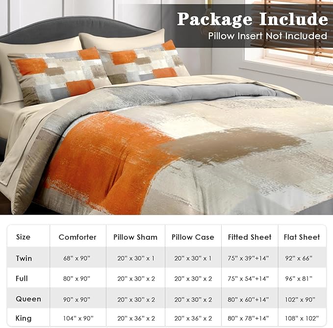 Comforter Set Full Size, Beige Grey Abstract Painting 7 Pcs Bedding for Kids and Adults, Orange Gray Contemporary Bed Sheet Sets with Fitted Sheet 2 Pillowcase & 2 Sham for Bedroom Bed Decor