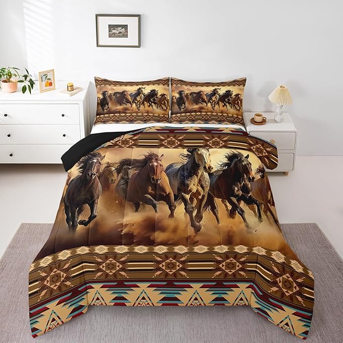 Feelyou Boho Comforter Set Queen Size Horses Comforter Southwestern Native Aztec Bedding Set Retro Exotic Boho Duvet Set Room Decor Dark Brown Quilt Set
