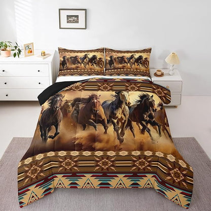 Feelyou Boho Comforter Set King Size Horses Comforter Southwestern Native Aztec Bedding Set Retro Exotic Boho Duvet Set Room Decor Dark Brown Quilt Set