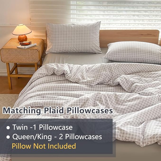 NSNLGSGC King Size Comforter Set, Light Gray Gingham Bedding Comforter Sets, GaryGrid Bed Comforter 3 Pieces (1 Comforter, 2 Pillowcases)