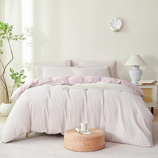 Light Purple Queen Size Comforter Set Striped Soft Luxury Washed Microfiber Jacquard 3 Pieces Bedding, Purple Vertical Ticking Stripes Comforter with 2 Pillowcases Breathable Durable Comfy