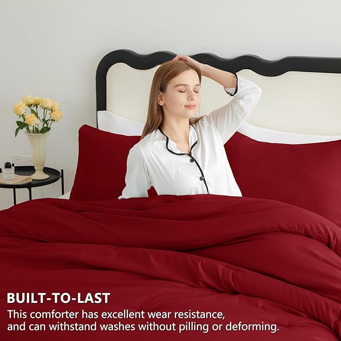 CozyLux King Size Comforter Set Dark Red, 3 Pieces Solid Comforters King Size Breathable Quilted Bedding Sets, Luxury Soft Lightweight Bed Set with Down Alternative Comforter and 2 Pillowcases