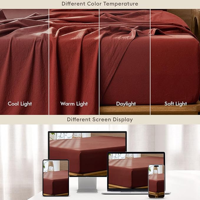 MooMee Fitted Bottom Sheet Only 100% Washed Cotton Linen Like Textured Breathable Durable Soft Comfy Deep Pocket Fits Mattress up to 17" (Solid Fired Brick Red, Full)
