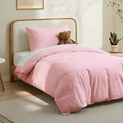LOVQUE Pink Cotton Duvet Cover Twin Size, Linen Like Natural Bedding Set with Zipper Closure (No Comforter), 68x90 Inches