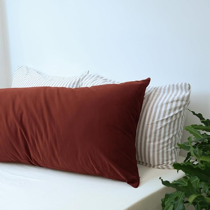 MooMee Body Pillow Cover Pillowcase with Zipper 100% Washed Cotton Linen Like Textured Breathable Durable Soft Comfy (Solid Fired Brick Red, 21”x54”, 1PC)