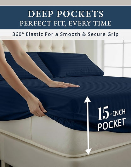 LANE LINEN 100% Egyptian Cotton Sheets King Size, Fully Elasticized Reinforced Seams Extra Deep Pocket King Sheet, No Pill Fade Resistant Cooling Sheets King Size Damask Stripe - Navy