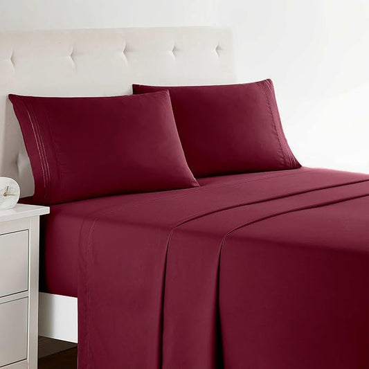 Clara Clark Bed Sheets, Premier 1800 Series 4 Piece Bed Sheet Set, Deep Pocket, Wrinkle, Fade, Stain Resistant, Luxury Soft Bedding Sheets & Pillowcases, California King, Burgundy Red
