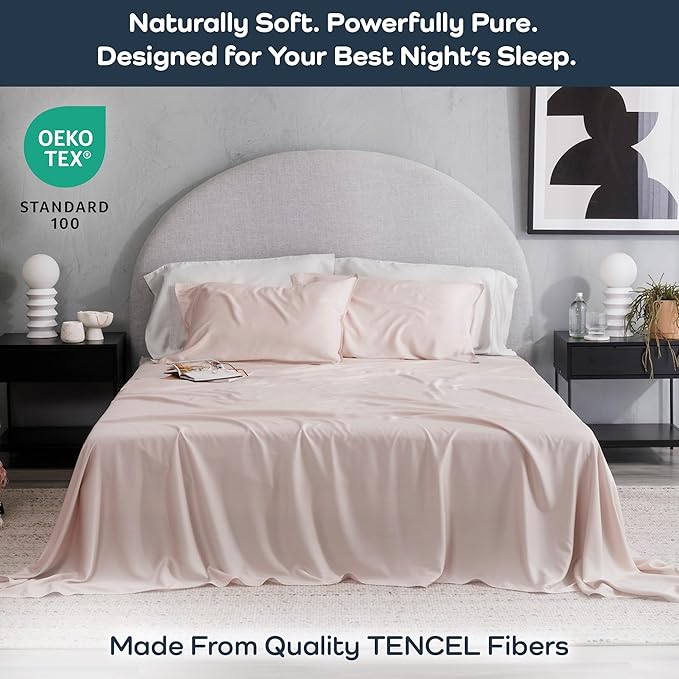 Olive + Crate Tencel Lyocell Eucalyptus Twin Sheets Set - Extra Long Sheet Set - Cooling Tencel Sheets for Hot Sleepers with 16 Inch Deep Pocket Fit - Barely Pink 3-Piece Set