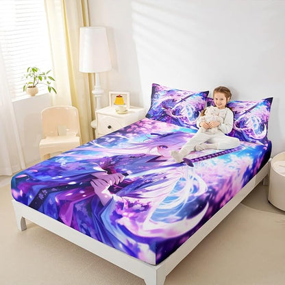 Erosebridal Anime Girl Queen Bedding Set for Kids, Kawaii Japanese Anime Fitted Sheet Cartoon Girl Bed Sheets Sci Fi Style Japanese Animation Sheets for Kids Girls Teens Adult Bedroom