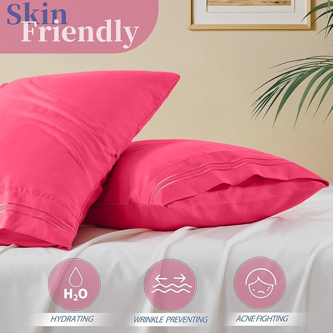 Vonty 2 Pack King Pillow Cases - 20x40 Inch, 1800 Thread Count Microfiber Pillowcases King Size Hot Pink Pillow Cases Luxury & Soft Embroidered Bed Pillow Covers with Envelope Closure
