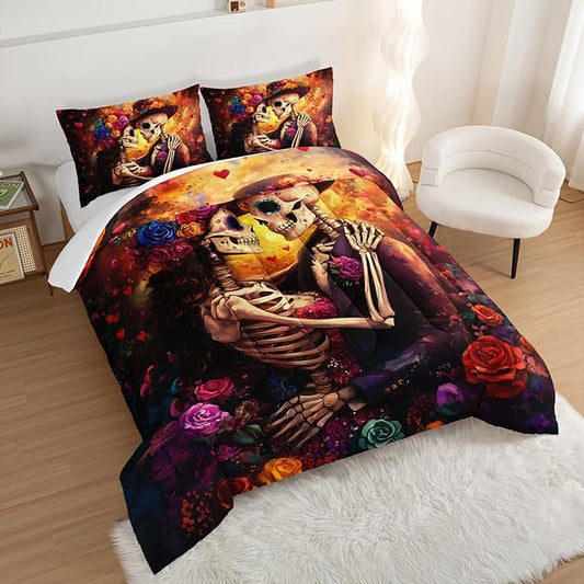 Skull Printed Comforter Set Queen Size,Skeleton Couple Embrace Bedding Romantic Flower Comforter Set for Kids Girls Room Decor,Artistic Aesthetics Bedding Set with 2 Pillowcases.