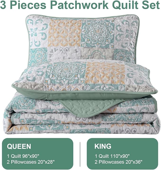 Dobuyly Patchwork Quilt Set Queen Size 3 Pieces Sage Green Yellow Boho Plaid Bedspreads, Summer Plaid Floral Coverlet Set, Soft Lightweight Microfiber Quilted Bedding Set for All Seasons 96"x90"