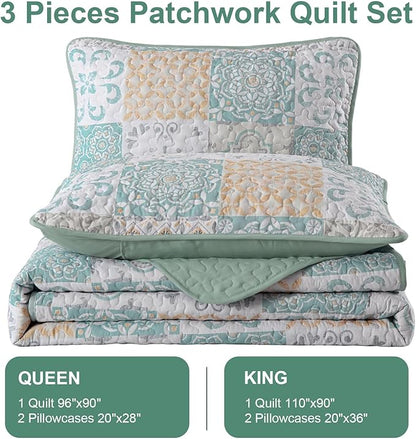 Dobuyly Patchwork Quilt Set Queen Size 3 Pieces Sage Green Yellow Boho Plaid Bedspreads, Summer Plaid Floral Coverlet Set, Soft Lightweight Microfiber Quilted Bedding Set for All Seasons 96"x90"