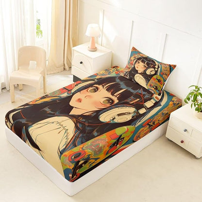 Erosebridal 2Pcs Anime Bedding Set Fashion Street Girls Fitted Sheet 3D Cartoon Printed Comfortable Soft Bed Sheets for Kids Boys Girls Teens Tattoo Watercolor Art Japanese Style Sheets Twin Size