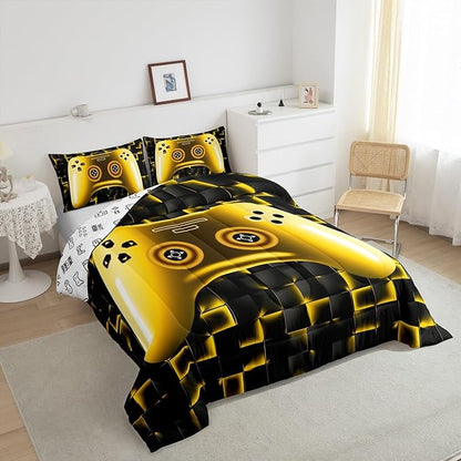 Erosebridal Kids Gamer Bedding Sets for Boys Full Gaming Comforter Set Black Gold Geometric Game Console Grids Comforter for Teen Youth Men Video Game Bed Set Soft Lightweight for All Season