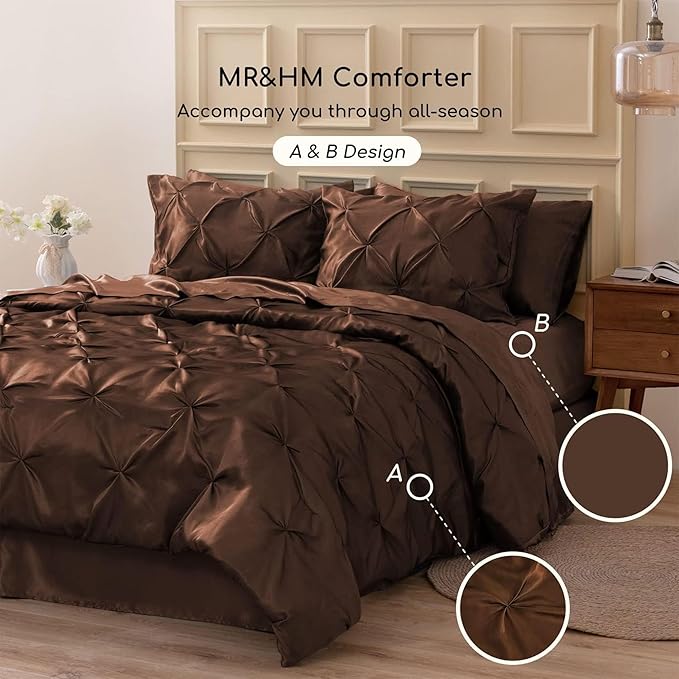 MR&HM Satin Comforter Set Oversized Queen, 7 Piece Bed in a Bag, Silky Soft All Season Bed Set, Luxury Pinch Pleat Bedding Set with Comforter, Sheets, Pillowcases & Shams, Brown