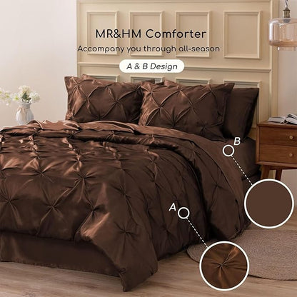 MR&HM Satin Comforter Set Oversized Queen, 7 Piece Bed in a Bag, Silky Soft All Season Bed Set, Luxury Pinch Pleat Bedding Set with Comforter, Sheets, Pillowcases & Shams, Brown