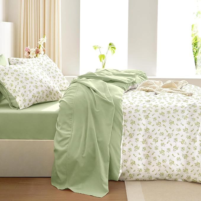 Wake In Cloud - Coquette Duvet Cover Set, Floral Cottagecore Flower Shabby Chic Cute Aesthetic, Soft Lightweight Bedding for Women Teen Girls, 3-Piece, White Green, Full Size