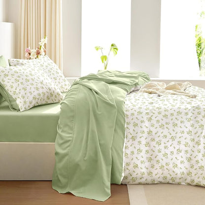 Wake In Cloud - Coquette Duvet Cover Set, Floral Cottagecore Flower Shabby Chic Cute Aesthetic, Soft Lightweight Bedding for Women Teen Girls, 3-Piece, White Green, Queen Size