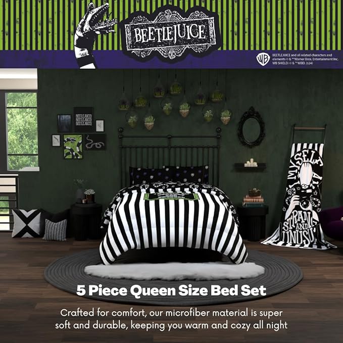 Franco Collectibles Beetlejuice Halloween Striped Bedding 5 Piece Super Soft Reversible Comforter and Sheet Set, Queen, (Officially Licensed Product)