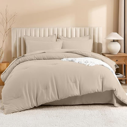 Litanika Comforter King Size Set Khaki - 7 Pieces Bed in a Bag King Bedding Comforter Sets, Plain Lightweight Bed Set with Comforter, Sheets, Pillowcases & Shams