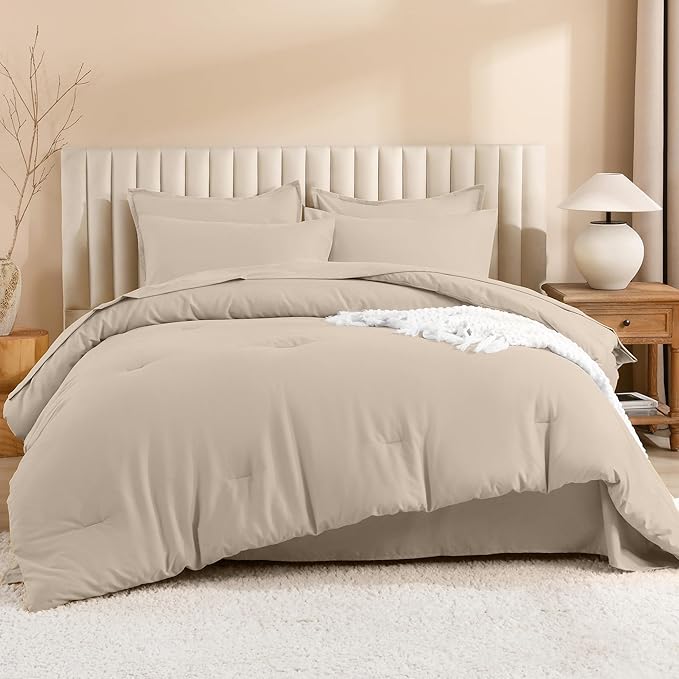 Litanika Comforter Queen Size Set Khaki - 7 Pieces Bed in a Bag Queen Bedding Comforter Sets, Plain Lightweight Bed Set with Comforter, Sheets, Pillowcases & Shams