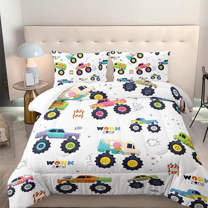 Kids Comforter Set for Boys,Cartoon Monster Car 3 Pieces Bedding Set Queen,Colorful Off-Road Vehicle All Season Soft Microfiber Down Alternative with 2 Pillowcases