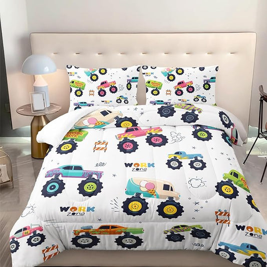 Kids Comforter Set for Boys,Cartoon Monster Car 3 Pieces Bedding Set Full,Colorful Off-Road Vehicle All Season Soft Microfiber Down Alternative with 2 Pillowcases