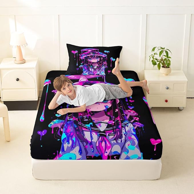Erosebridal Mushroom Girl Fitted Sheet Twin 3D Japanese Girly Bed Sheets for Boys Girls Watercolor Graffiti Bed Set Cute Anime Gifts Sheets with 1 Pillowcase