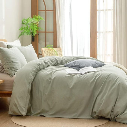 BESTOUCH Duvet Cover Set 100% Washed Cotton Linen Feel Super Soft Comfortable Chic Lightweight 3 PCs Home Bedding Set Solid Sage Green Oversized Full